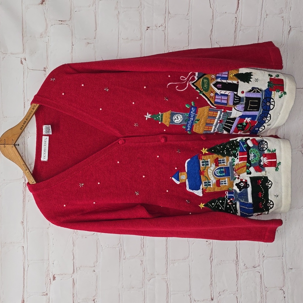 1990s Victoria Jones Red Cardigan Christmas Village Womens Size S